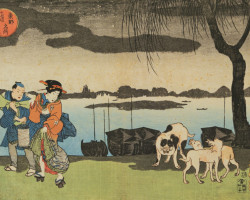 A geisha and her servant near the water at Yanagibashi A geisha and her servant near the water at Yanagibashi